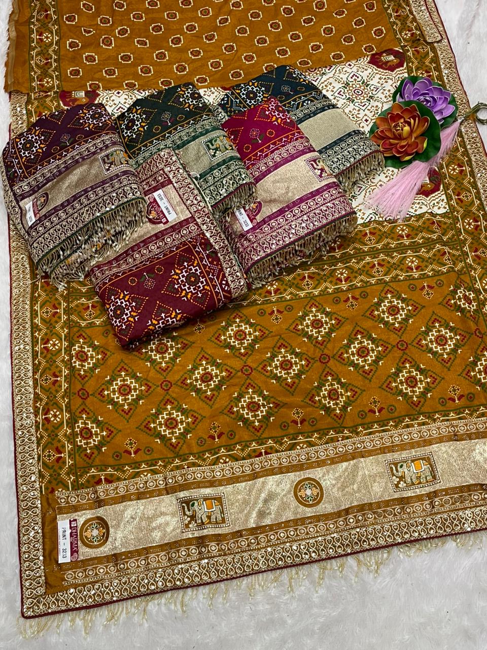 PRINT- 3233 MOST VIRAL SAREE ON INSTAGRAM , MAL COTTON SAREE WITH BEAUTIFUL PATOLA PRINT WITH HEAVY EMBROIDERY PALLU PANEL WITH HEAVY SEQUENCE EMBROIDERY BORDER WITH TRENDING TASSELS