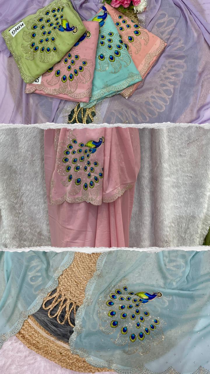 SF-KING Fancy Star georgette saree with beautiful diamond work with peacock design with running blouse