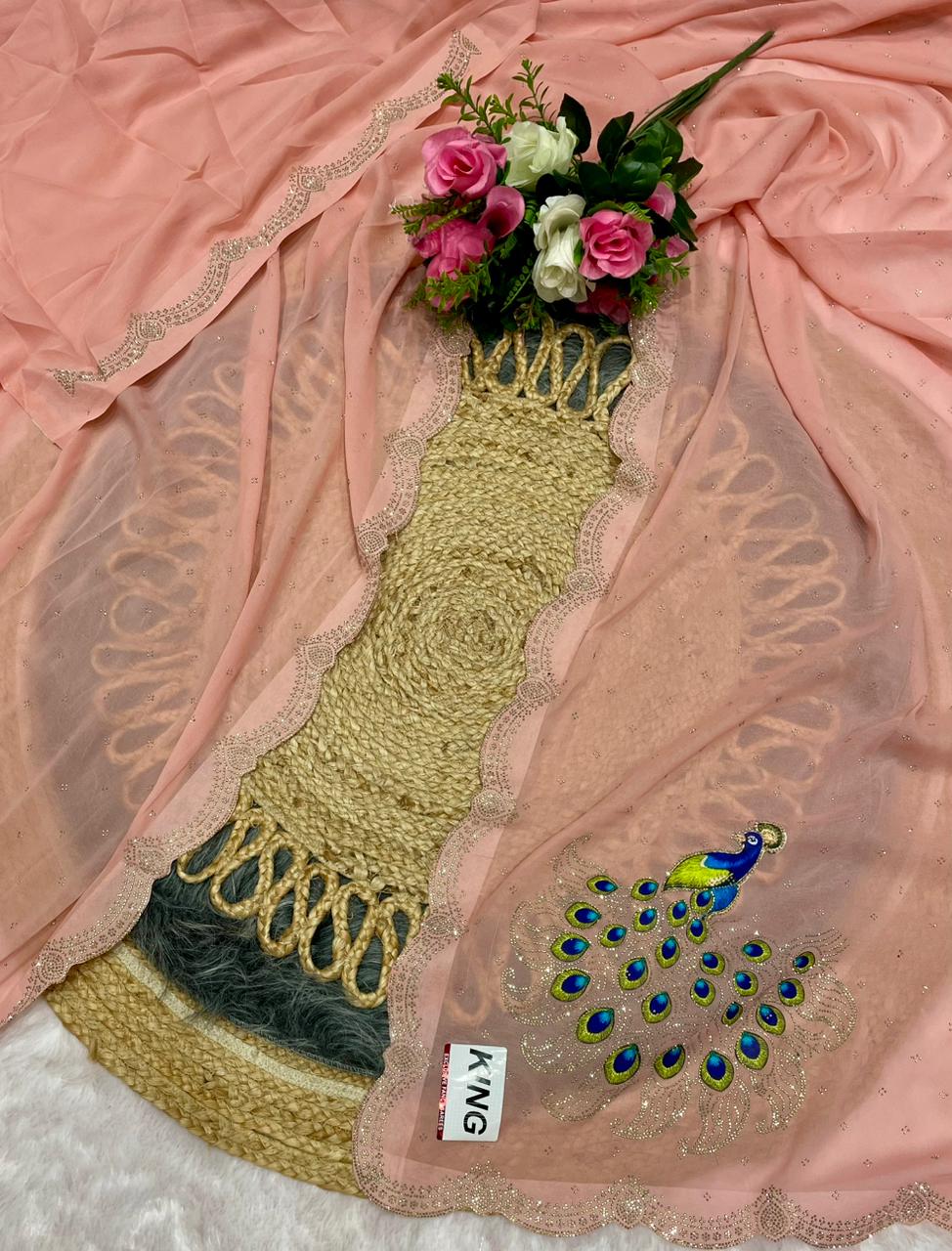 SF-KING Fancy Star georgette saree with beautiful diamond work with peacock design with running blouse