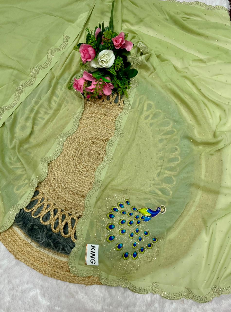 SF-KING Fancy Star georgette saree with beautiful diamond work with peacock design with running blouse