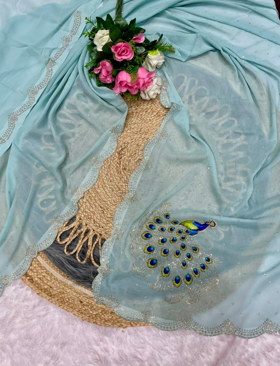 SF-KING Fancy Star georgette saree with beautiful diamond work with peacock design with running blouse
