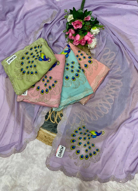 SF-KING Fancy Star georgette saree with beautiful diamond work with peacock design with running blouse
