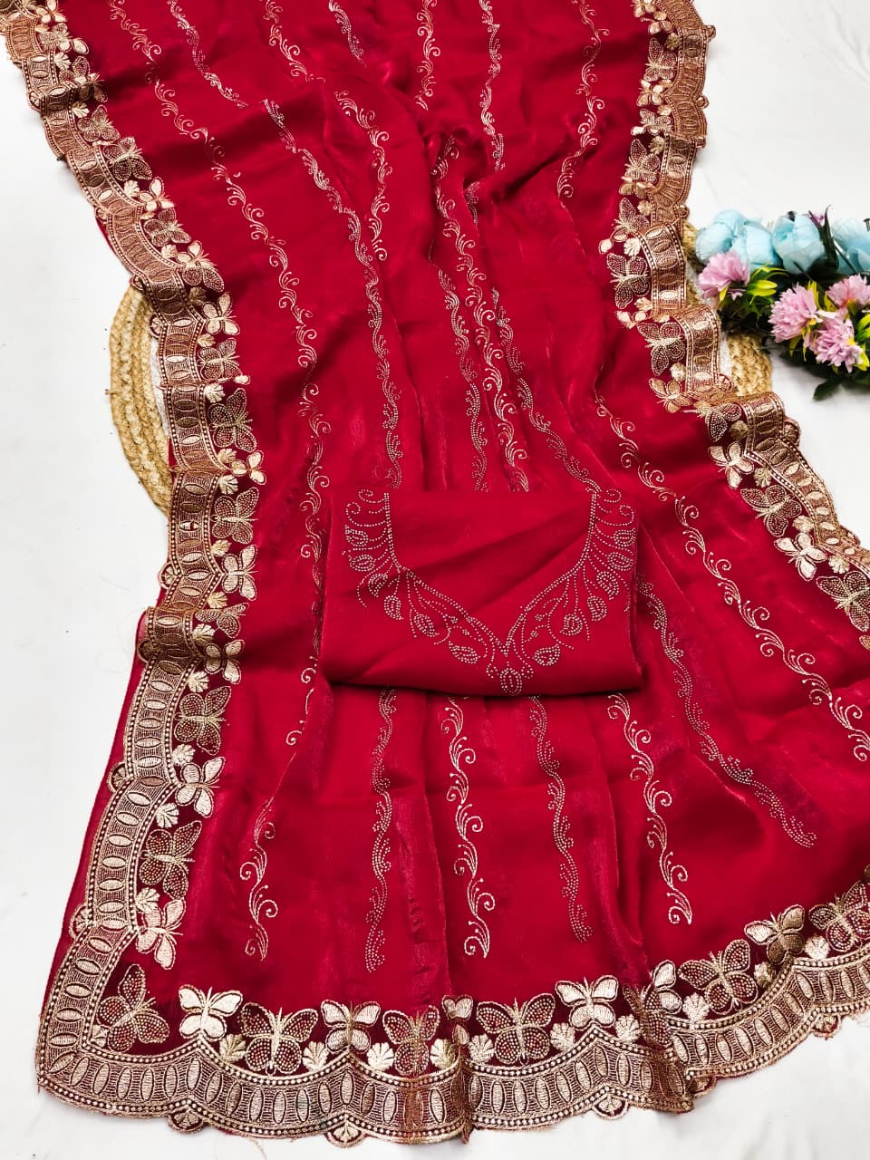 DF-BUTTERFLY FENDI CHIFFON SAREE WITH EMBROIDERY WORK WITH MULTI SIROSKI WITH WORKING BLOUSE