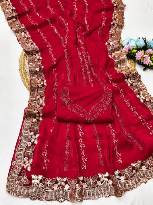 DF-BUTTERFLY FENDI CHIFFON SAREE WITH EMBROIDERY WORK WITH MULTI SIROSKI WITH WORKING BLOUSE