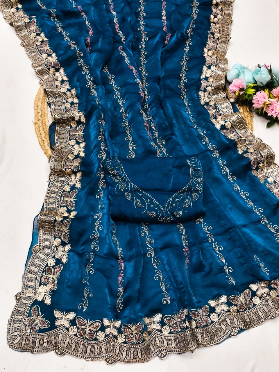 DF-BUTTERFLY FENDI CHIFFON SAREE WITH EMBROIDERY WORK WITH MULTI SIROSKI WITH WORKING BLOUSE