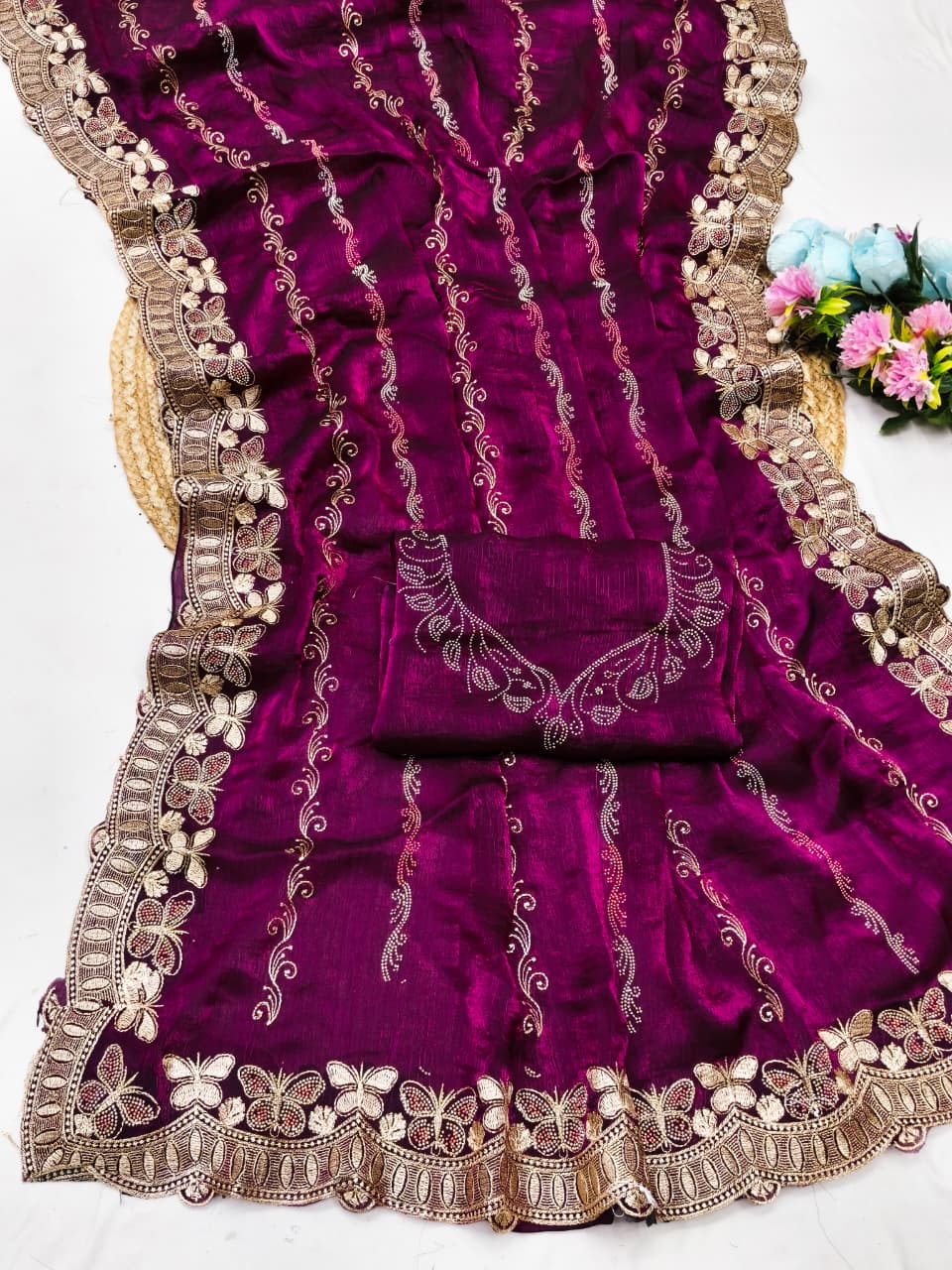 DF-BUTTERFLY FENDI CHIFFON SAREE WITH EMBROIDERY WORK WITH MULTI SIROSKI WITH WORKING BLOUSE