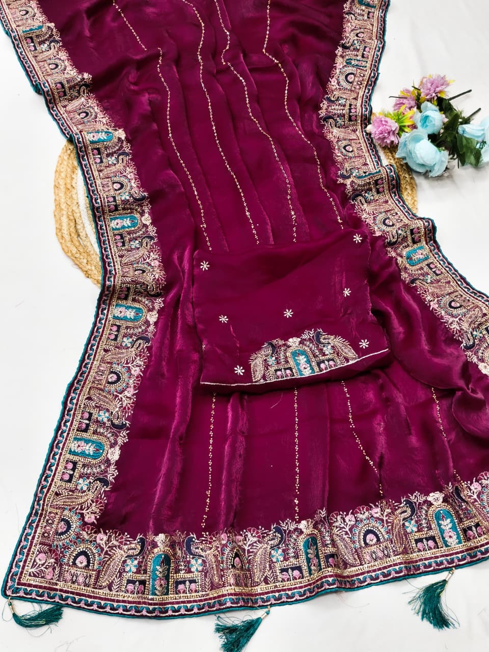 DF-ANERI FENDI SATIN SAREE WITH BEAUTIFUL HEAVY EMBRIDERY WORK WITH THREAD AND JARKAN WORK WITH BEAUTIFUL HEAVY BLOUSE