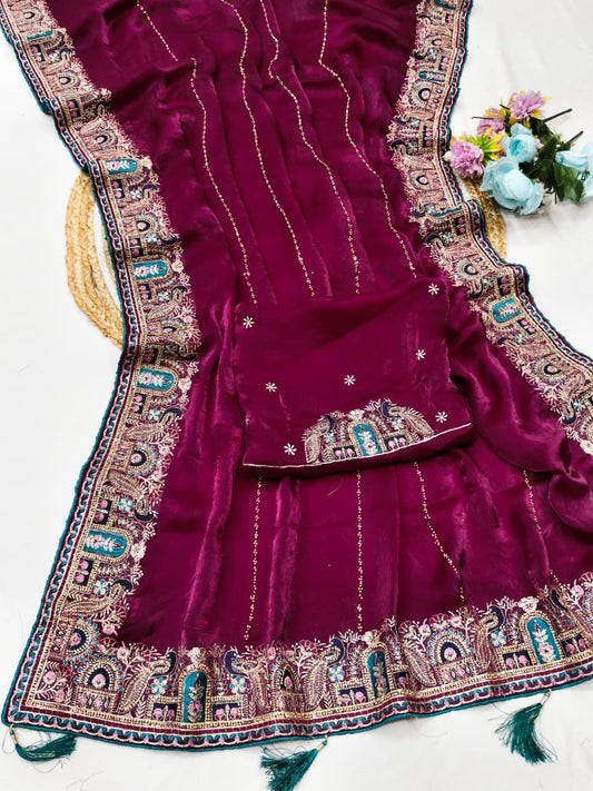 DF-ANERI FENDI SATIN SAREE WITH BEAUTIFUL HEAVY EMBRIDERY WORK WITH THREAD AND JARKAN WORK WITH BEAUTIFUL HEAVY BLOUSE