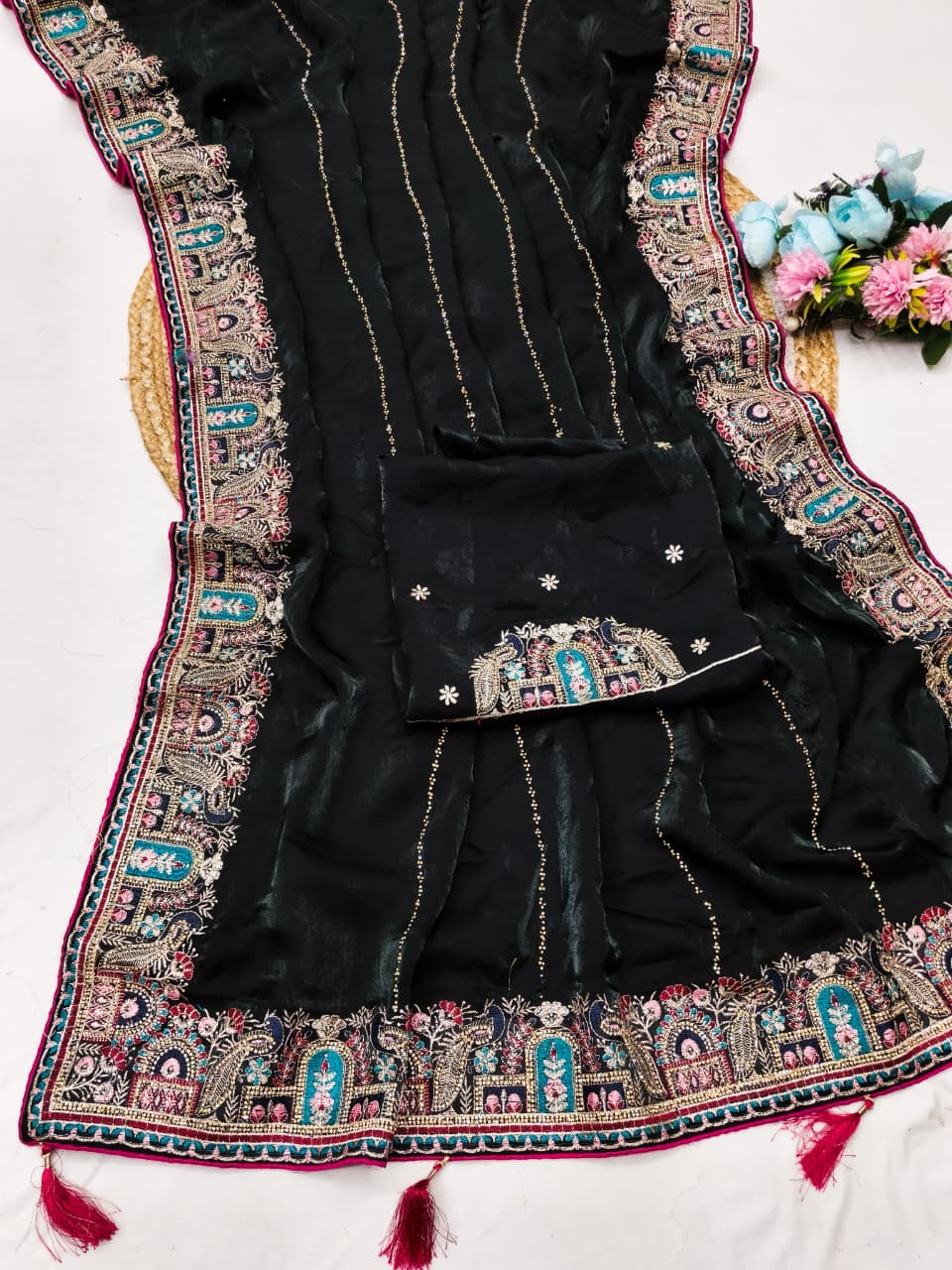 DF-ANERI FENDI SATIN SAREE WITH BEAUTIFUL HEAVY EMBRIDERY WORK WITH THREAD AND JARKAN WORK WITH BEAUTIFUL HEAVY BLOUSE