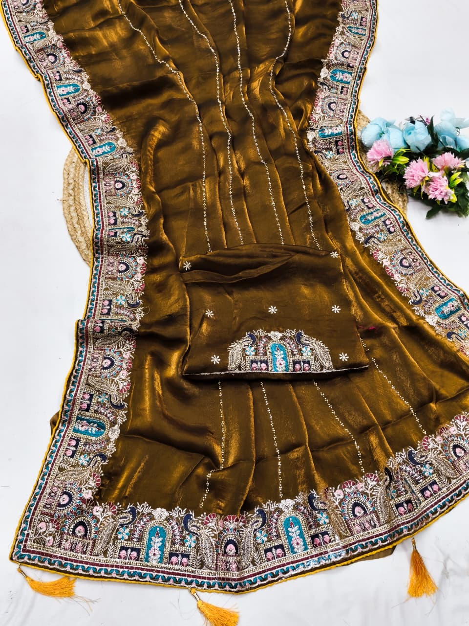 DF-ANERI FENDI SATIN SAREE WITH BEAUTIFUL HEAVY EMBRIDERY WORK WITH THREAD AND JARKAN WORK WITH BEAUTIFUL HEAVY BLOUSE