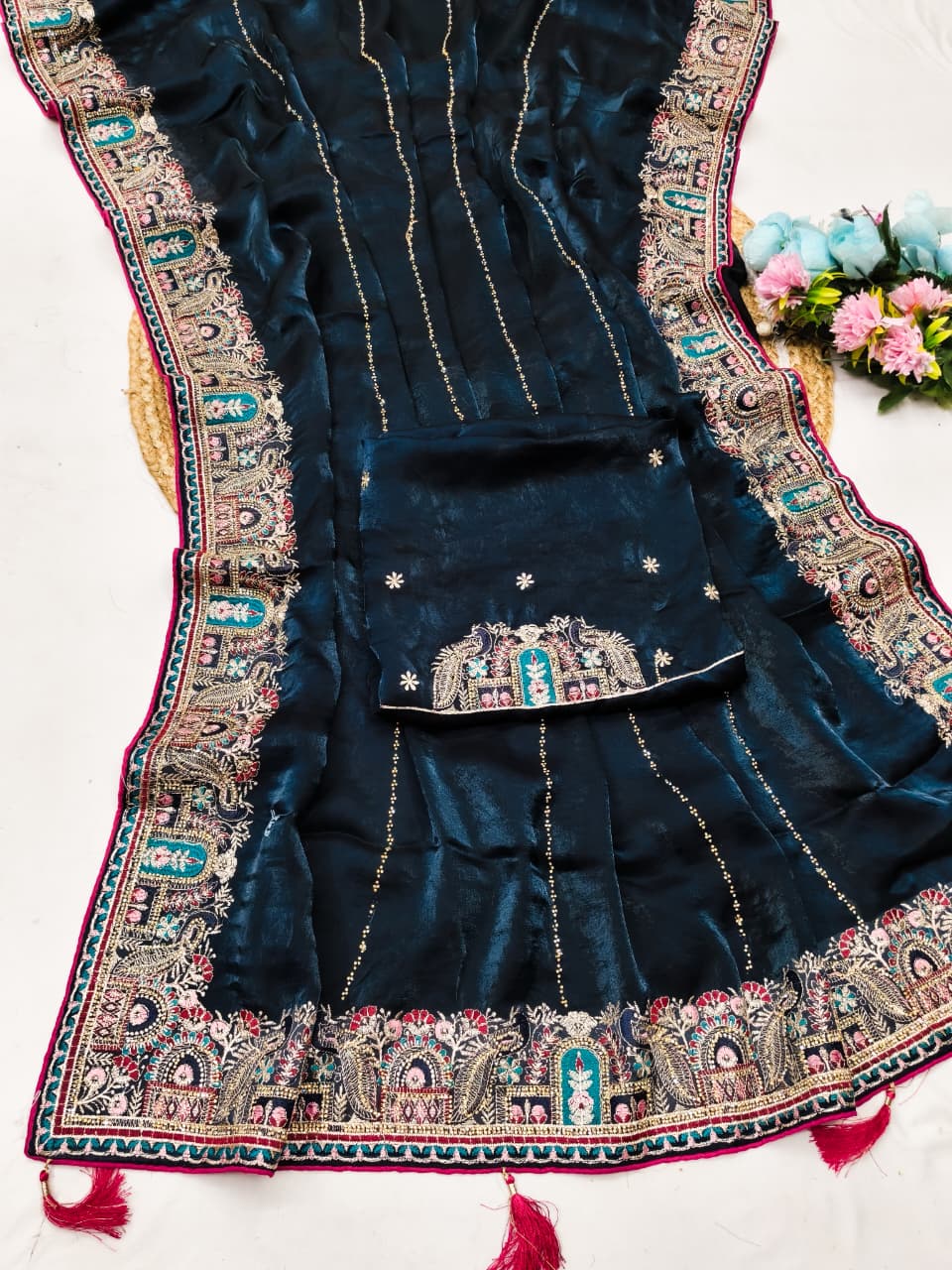 DF-ANERI FENDI SATIN SAREE WITH BEAUTIFUL HEAVY EMBRIDERY WORK WITH THREAD AND JARKAN WORK WITH BEAUTIFUL HEAVY BLOUSE