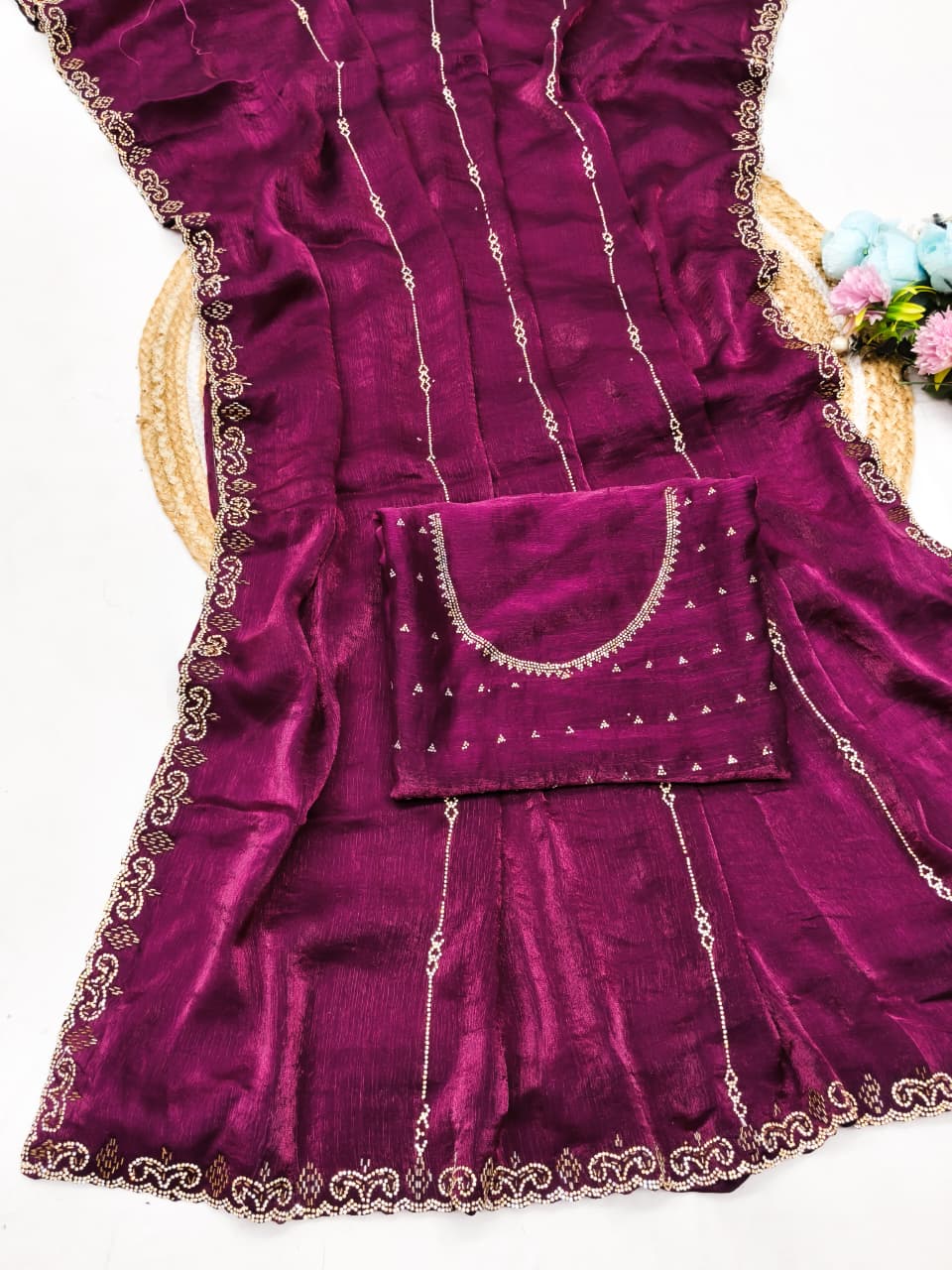 DF-UNNTI FENDI FABRIC SAREE WITH HEAVY JARKAN WORK ON BORDER AND SAREE WITH HEAVY BLOUSE