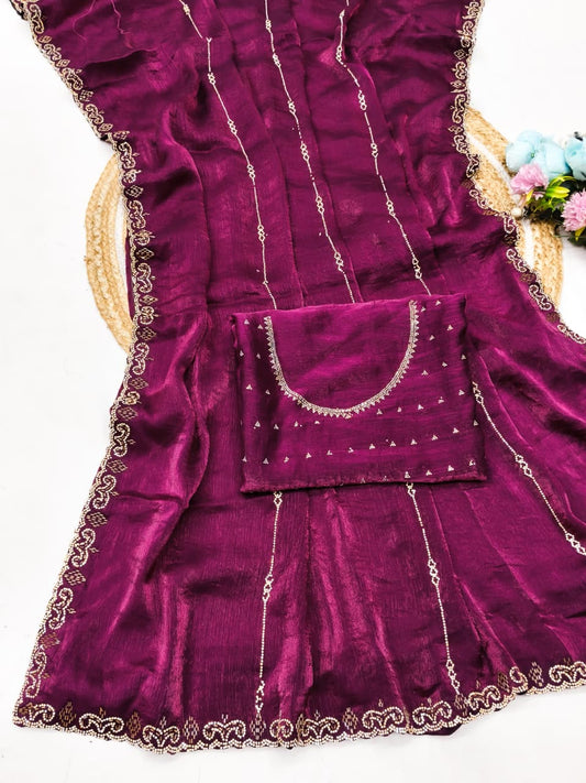 DF-UNNTI FENDI FABRIC SAREE WITH HEAVY JARKAN WORK ON BORDER AND SAREE WITH HEAVY BLOUSE