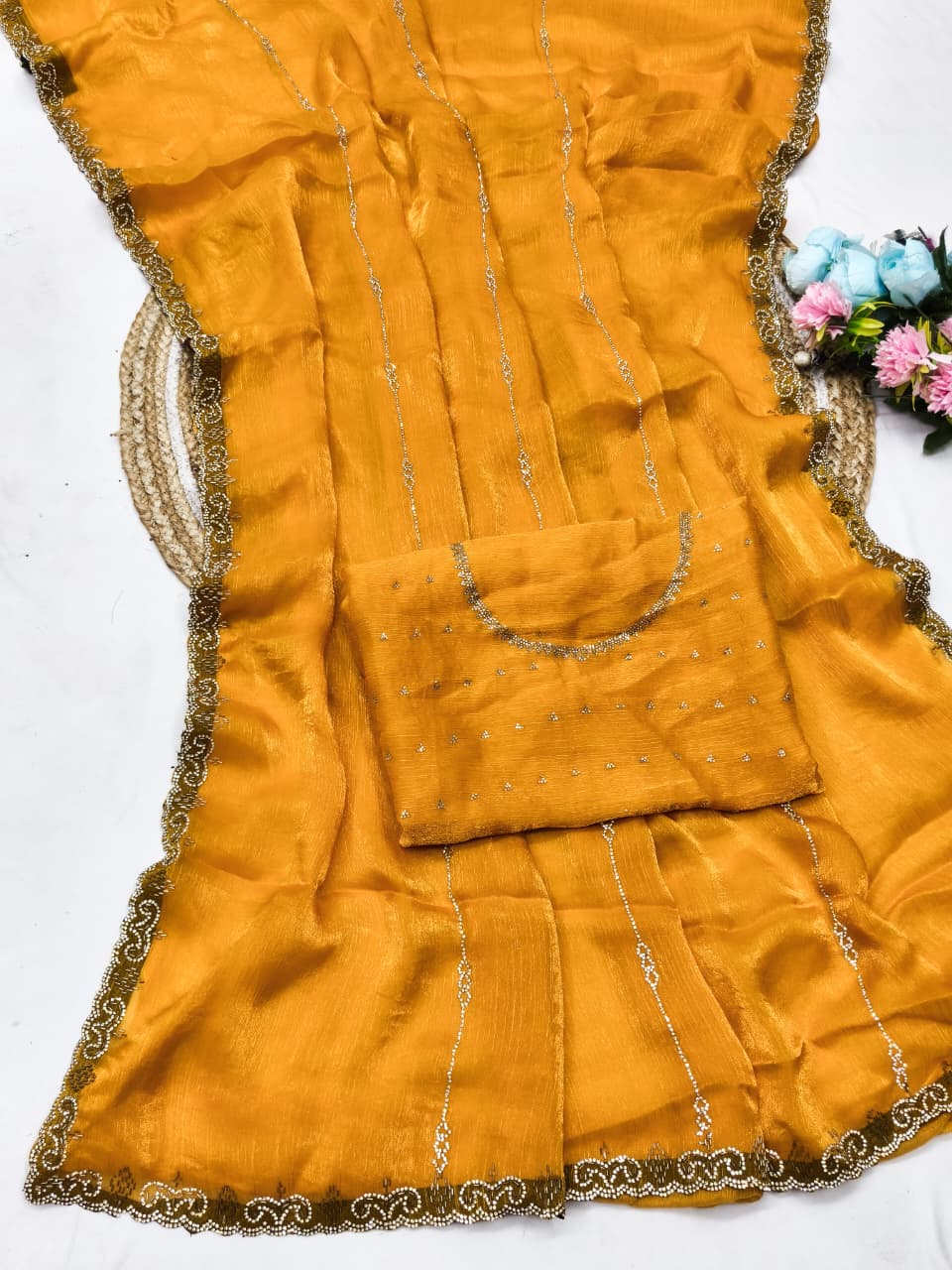 DF-UNNTI FENDI FABRIC SAREE WITH HEAVY JARKAN WORK ON BORDER AND SAREE WITH HEAVY BLOUSE