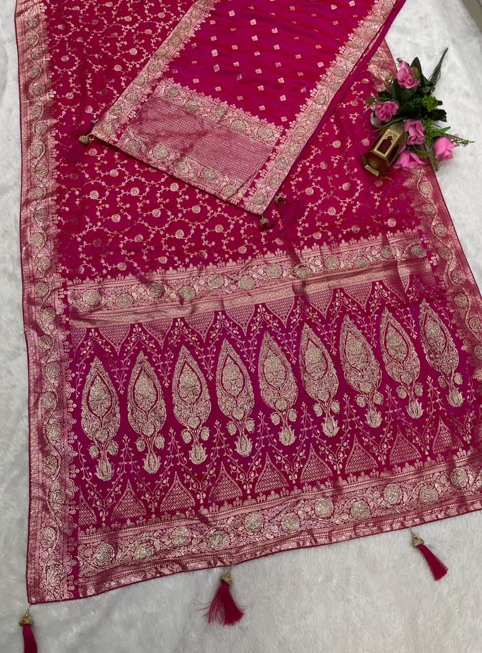 AJ-ZARA DUPATTA SATIN SILK SAREE WITH HEAVY JARKAN WORK WITH BEAUTIFUL BRIDAL SAREE AND BEAUTIFUL HEAVY JHAL DESIGN ON BODY WITH BUTTI BLOUSE AND HEAVY JARKAN WORK WITH DUPPTA AND MOST TRENDING SAREE