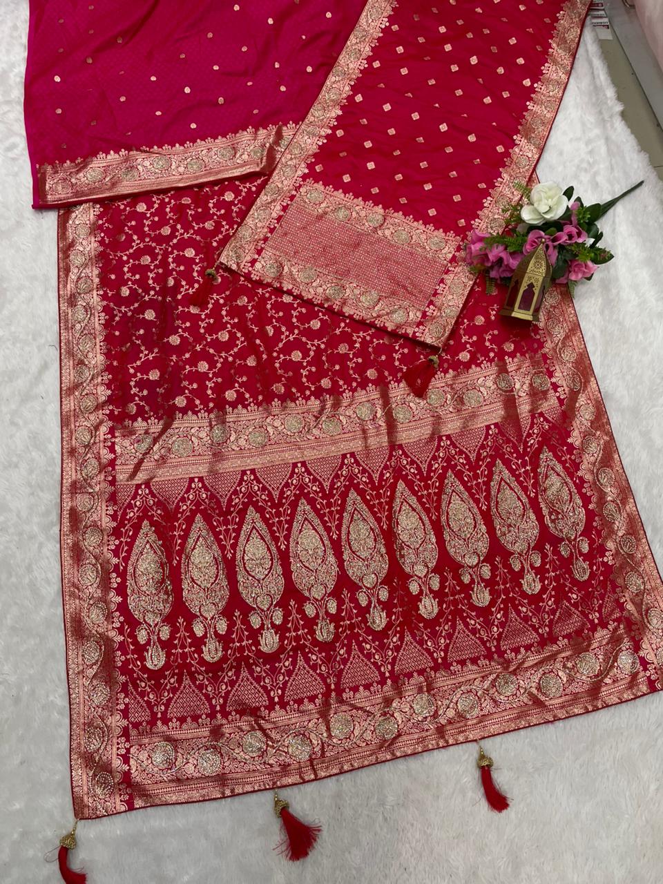 AJ-ZARA DUPATTA SATIN SILK SAREE WITH HEAVY JARKAN WORK WITH BEAUTIFUL BRIDAL SAREE AND BEAUTIFUL HEAVY JHAL DESIGN ON BODY WITH BUTTI BLOUSE AND HEAVY JARKAN WORK WITH DUPPTA AND MOST TRENDING SAREE