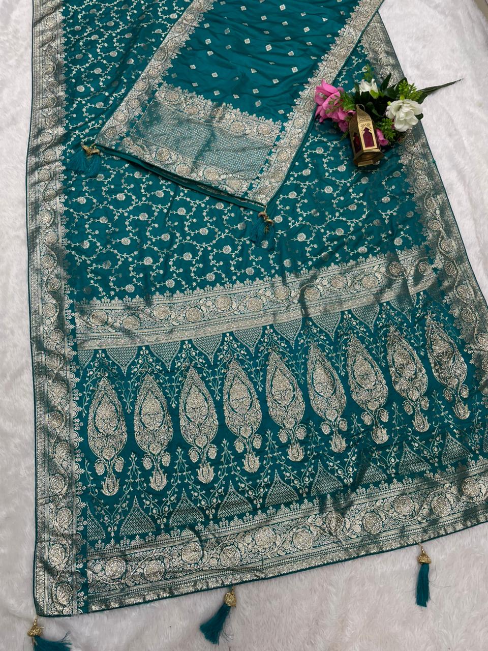 AJ-ZARA DUPATTA SATIN SILK SAREE WITH HEAVY JARKAN WORK WITH BEAUTIFUL BRIDAL SAREE AND BEAUTIFUL HEAVY JHAL DESIGN ON BODY WITH BUTTI BLOUSE AND HEAVY JARKAN WORK WITH DUPPTA AND MOST TRENDING SAREE