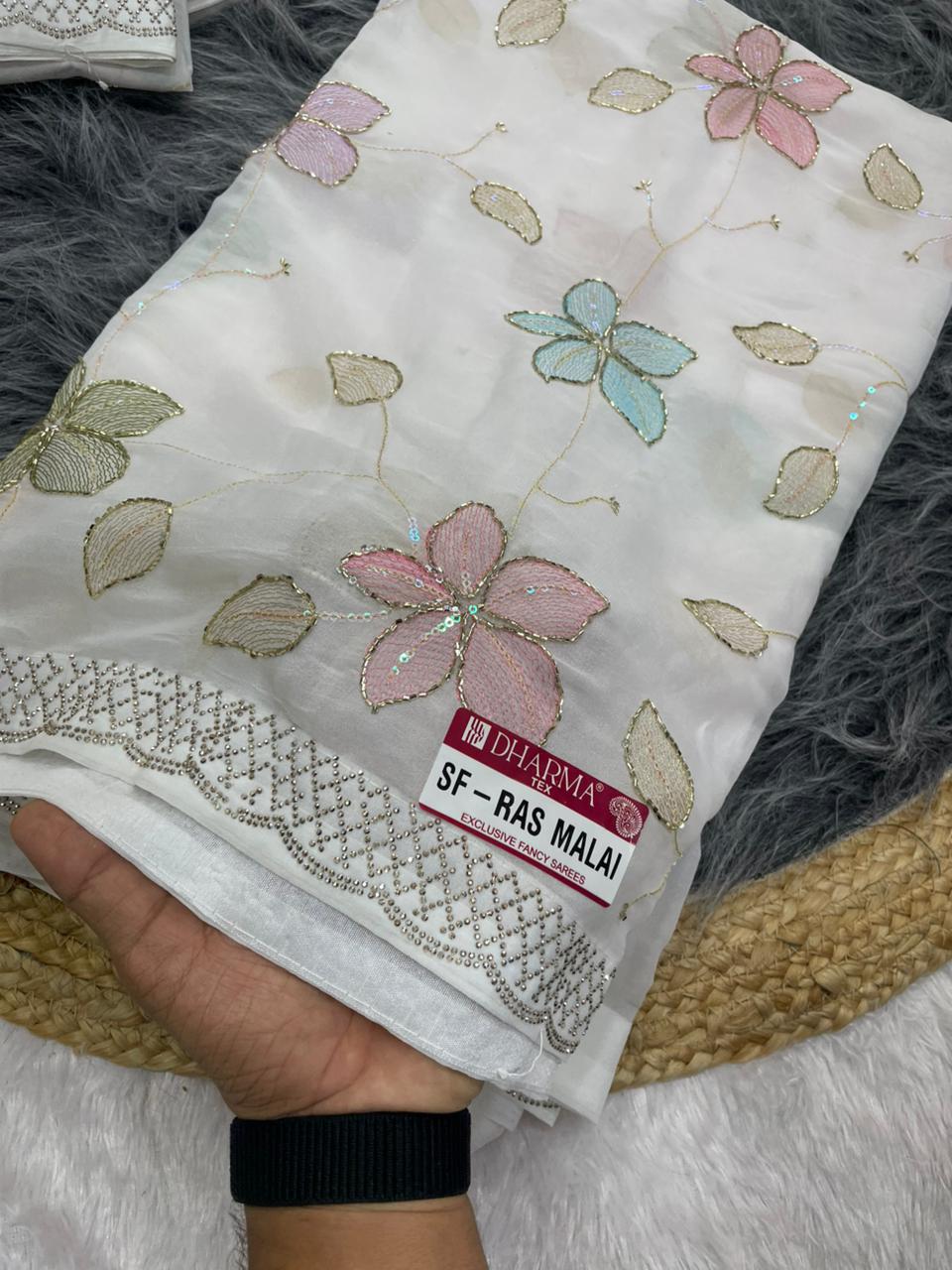 SF-RAS MALAI STAR GEORGETTE SAREE WITH BEAUTIFUL FLOWER DESIGN WITH WHITE COMMON AND HEAVY HANDWORK ON SAREE WITH DMC SIROSKI WORK WITH BEAUTIFUL BLOUSE