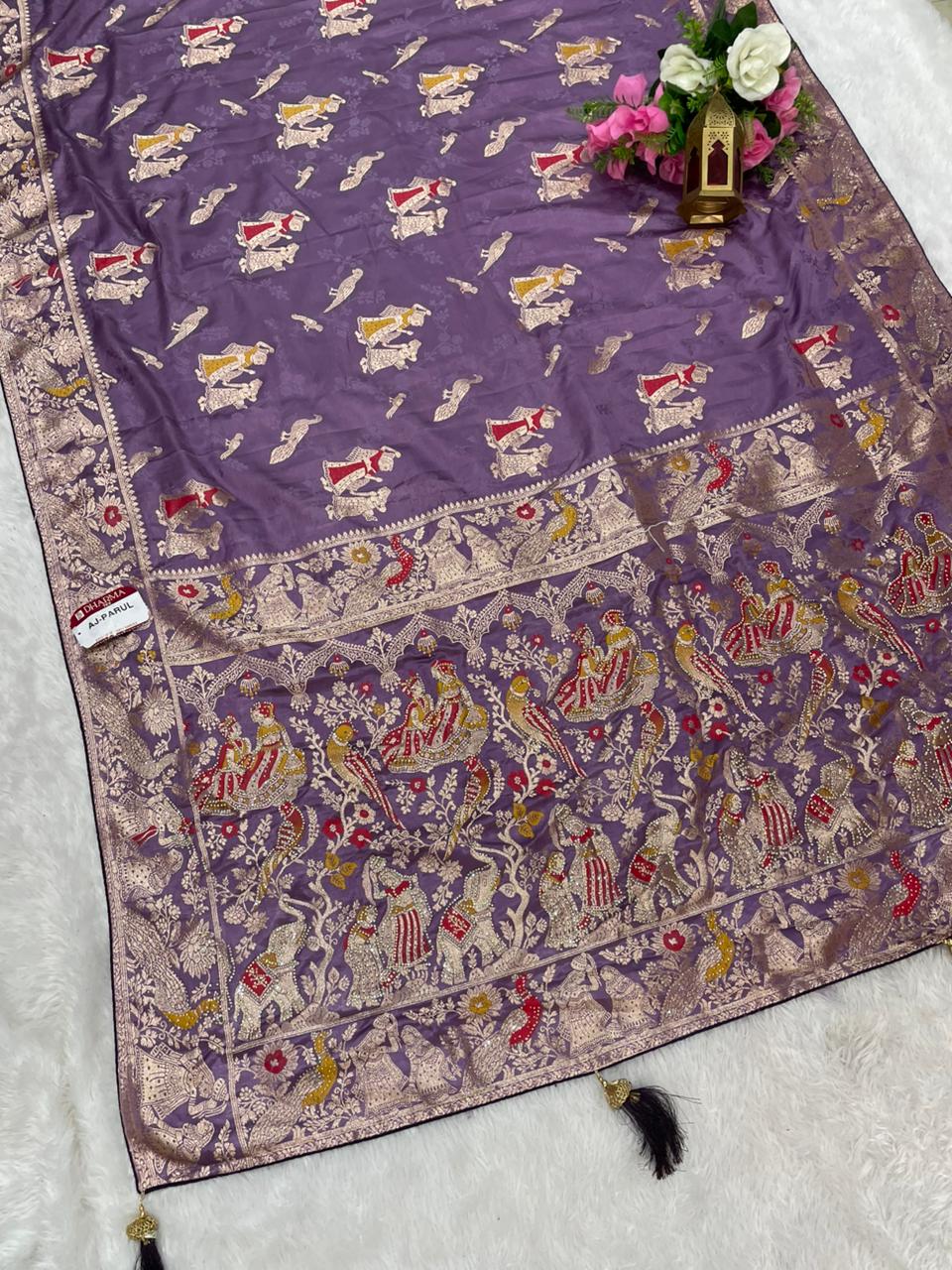 AJ-PARUL SATIN SILK SARE WITH BEAUTIFUL DESIGN WITH JODA DESIGN AND HEAVY JARKAN WORK WITH MEENA KARI WORK WITH BLOUSE AND LUXURIOUS TASSELS