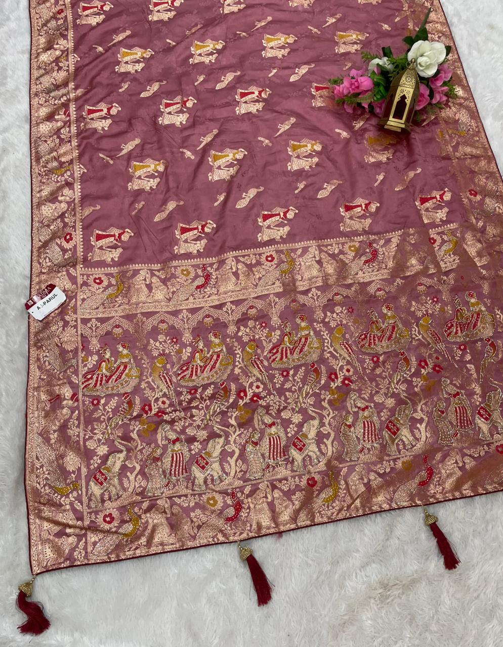 AJ-PARUL SATIN SILK SARE WITH BEAUTIFUL DESIGN WITH JODA DESIGN AND HEAVY JARKAN WORK WITH MEENA KARI WORK WITH BLOUSE AND LUXURIOUS TASSELS