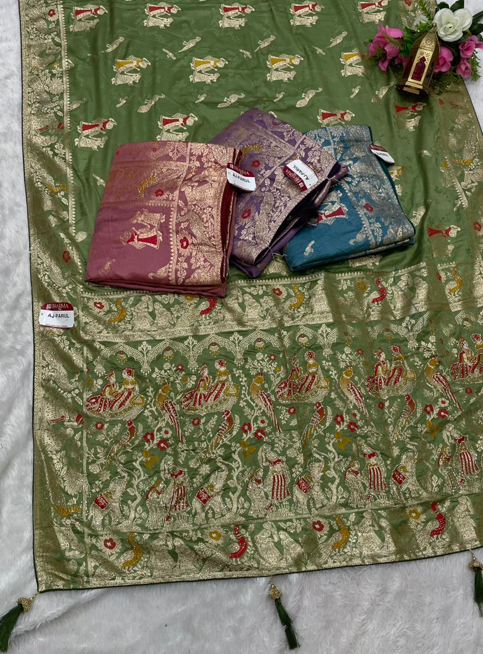 AJ-PARUL SATIN SILK SARE WITH BEAUTIFUL DESIGN WITH JODA DESIGN AND HEAVY JARKAN WORK WITH MEENA KARI WORK WITH BLOUSE AND LUXURIOUS TASSELS