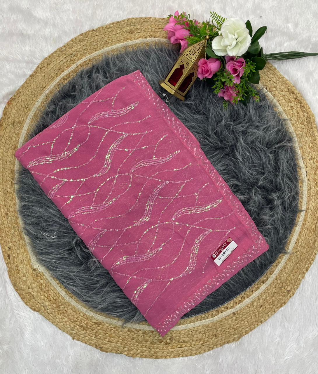 SB-SHEFALI SIMMER SAREE WITH BEAUTIFUL SEQUENCE WORK WITH BEAUTIFUL DMC SIROSKI BORDER