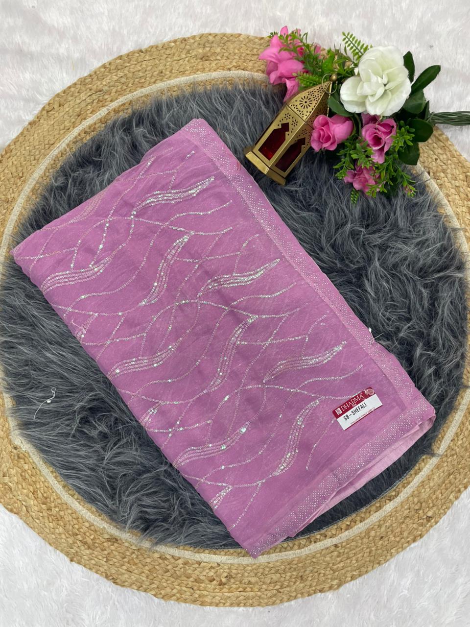 SB-SHEFALI SIMMER SAREE WITH BEAUTIFUL SEQUENCE WORK WITH BEAUTIFUL DMC SIROSKI BORDER
