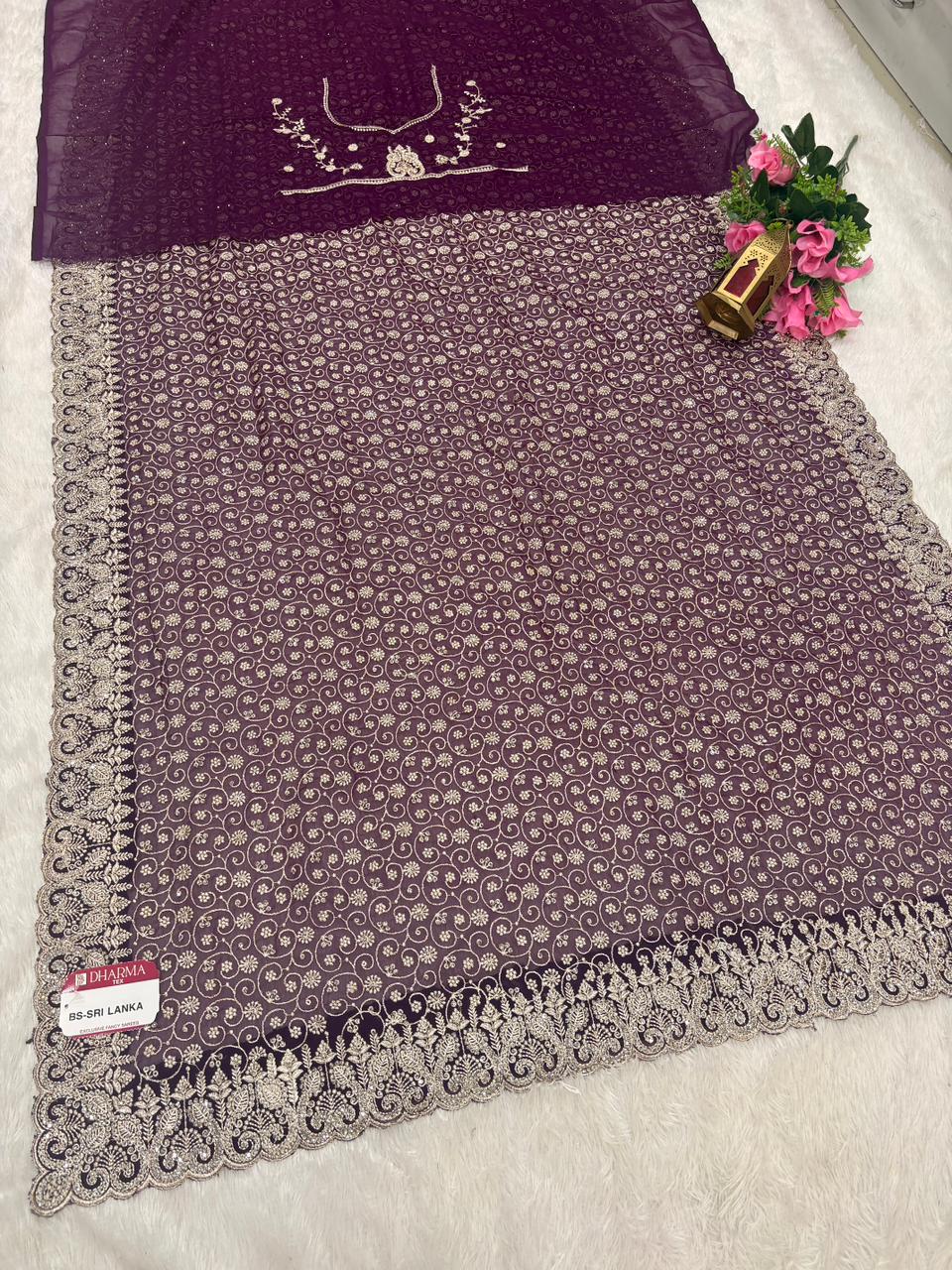 BS-SRI-LANKA BLOOMING FABRIC SAREE WITH HEAVY EMBROIDERY WORK ON SAREE WITH HEAVY JARKAN WORK ON SAREE WITH HEAVY BLOUSE