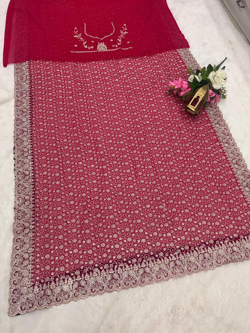 BS-SRI-LANKA BLOOMING FABRIC SAREE WITH HEAVY EMBROIDERY WORK ON SAREE WITH HEAVY JARKAN WORK ON SAREE WITH HEAVY BLOUSE