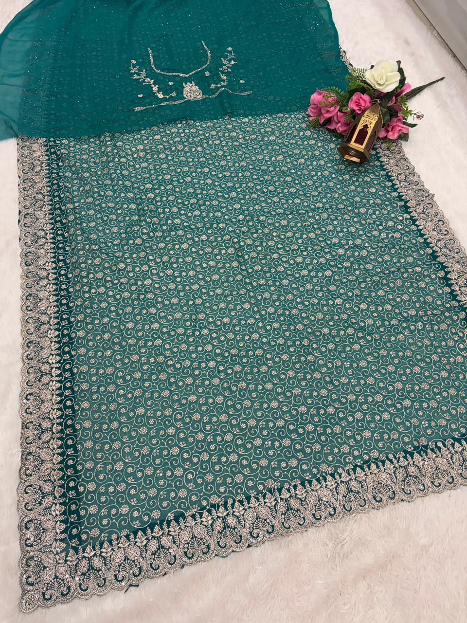 BS-SRI-LANKA BLOOMING FABRIC SAREE WITH HEAVY EMBROIDERY WORK ON SAREE WITH HEAVY JARKAN WORK ON SAREE WITH HEAVY BLOUSE