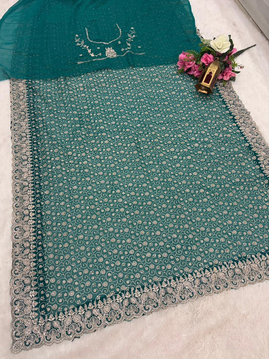 BS-SRI-LANKA BLOOMING FABRIC SAREE WITH HEAVY EMBROIDERY WORK ON SAREE WITH HEAVY JARKAN WORK ON SAREE WITH HEAVY BLOUSE