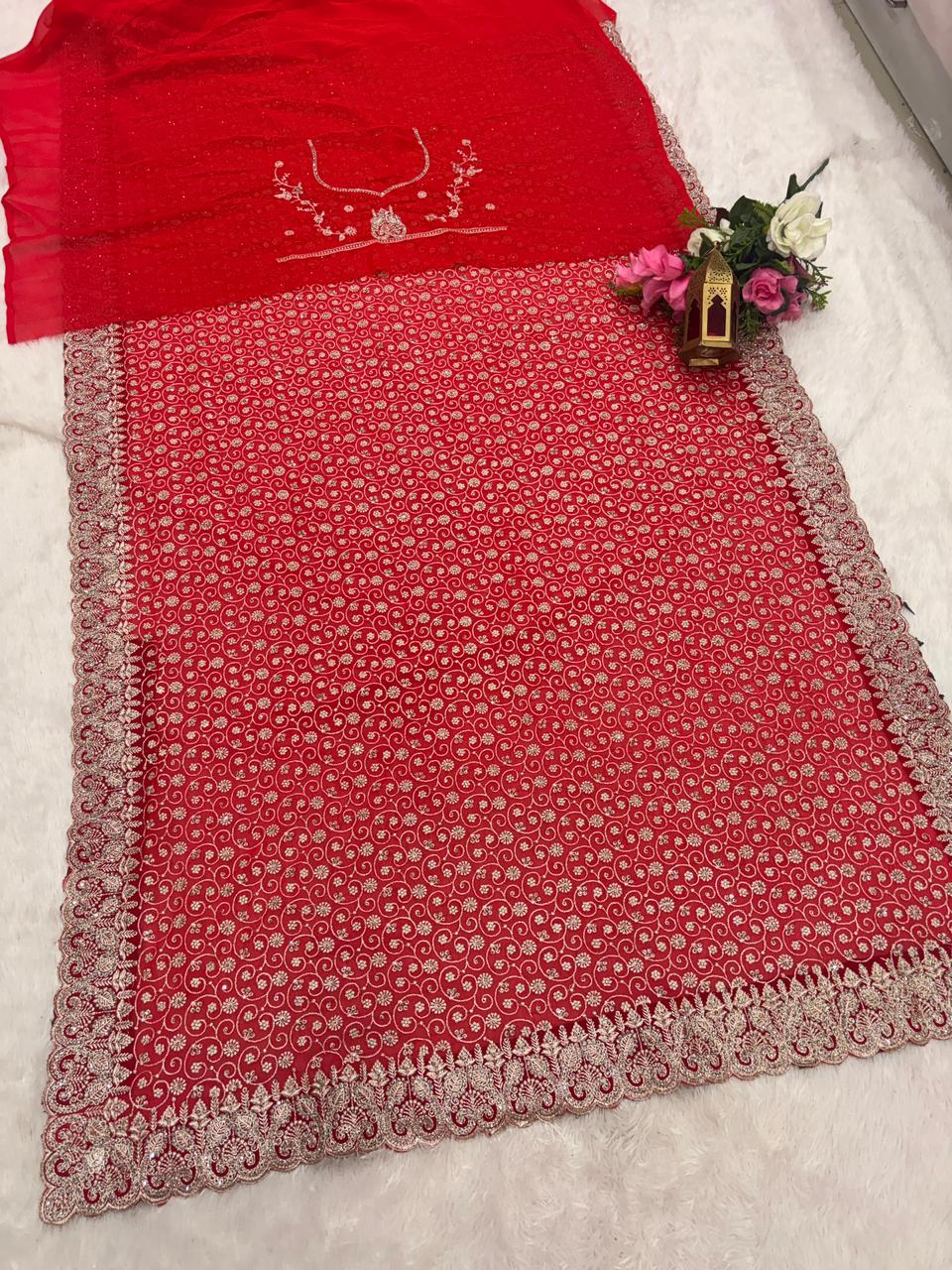 BS-SRI-LANKA BLOOMING FABRIC SAREE WITH HEAVY EMBROIDERY WORK ON SAREE WITH HEAVY JARKAN WORK ON SAREE WITH HEAVY BLOUSE