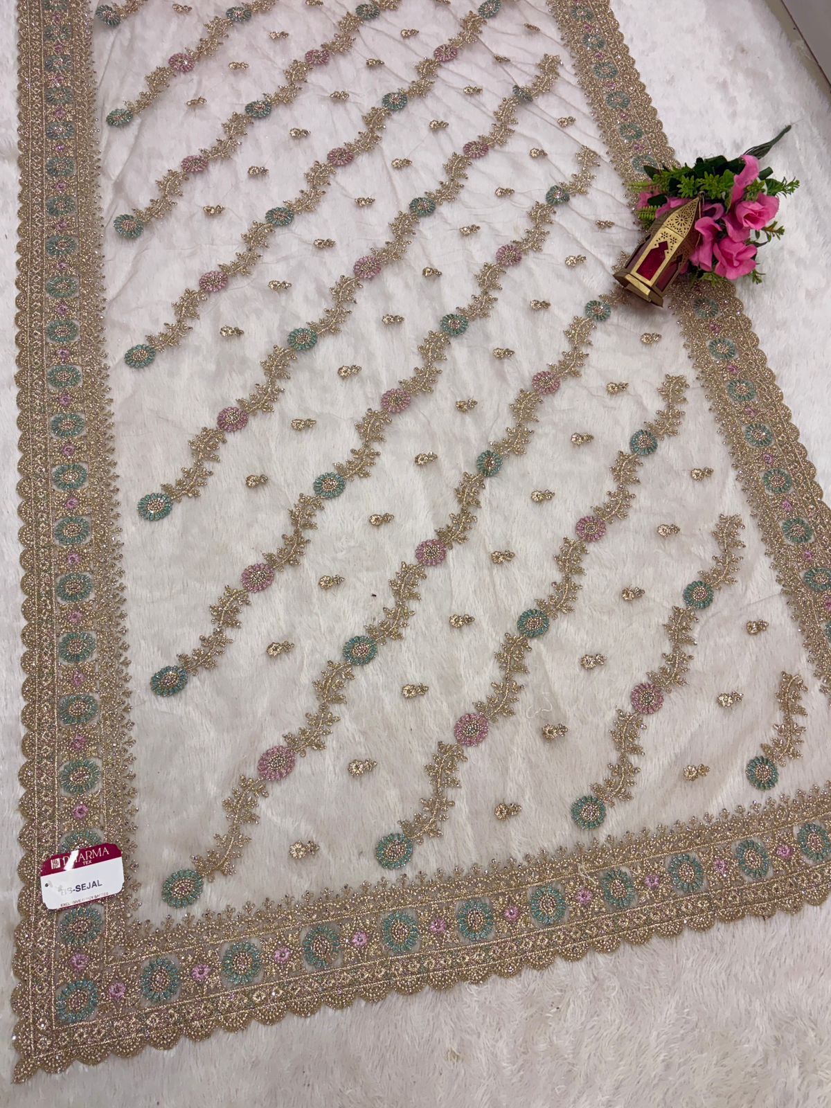 BS-SEJAL PREMIUM NET SAREE WITH HEAVY EMBORIDERY WORK WITH THREAD WORK WITH JHAL DESIGN WITH JARKAN WORK