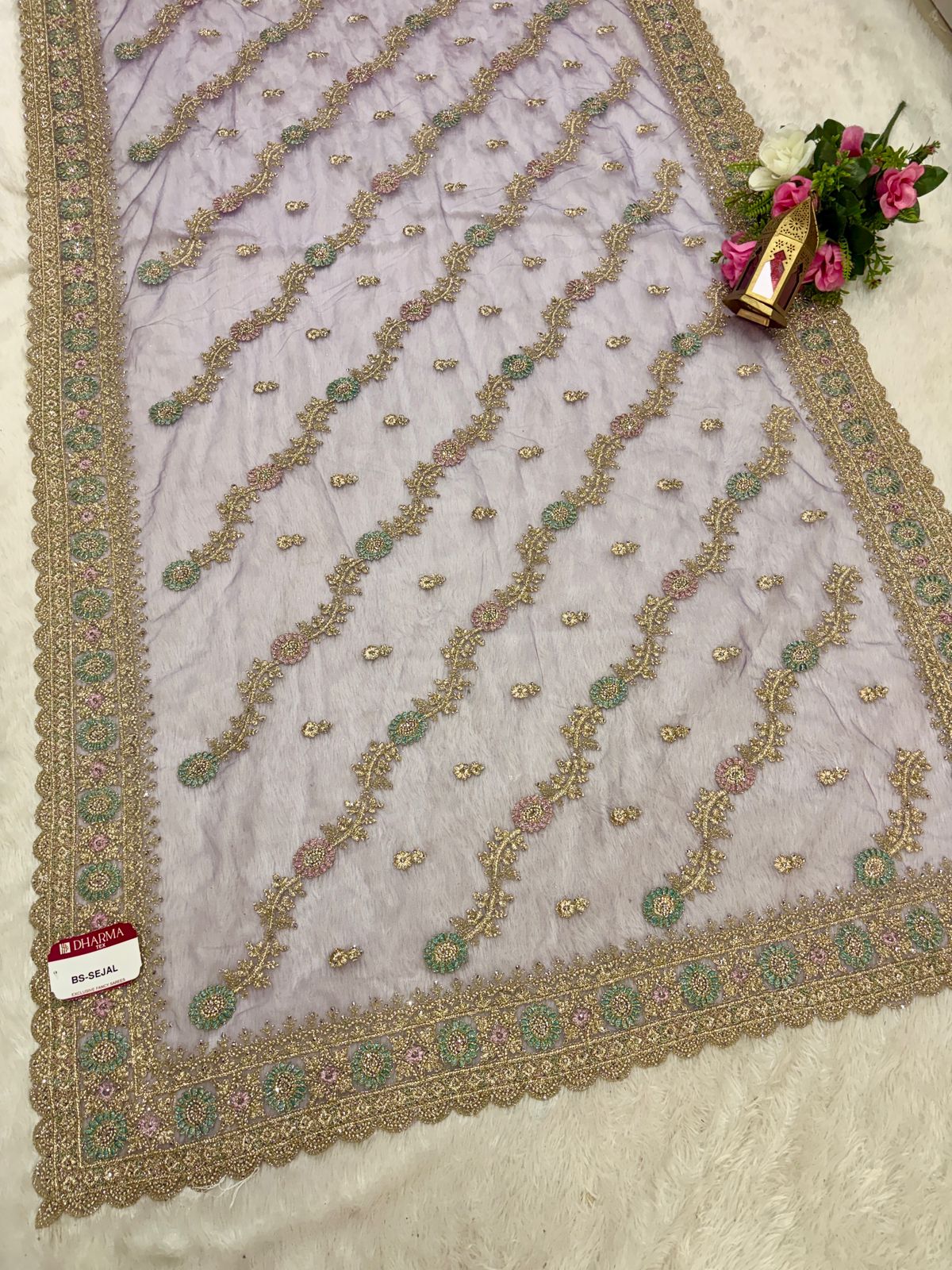 BS-SEJAL PREMIUM NET SAREE WITH HEAVY EMBORIDERY WORK WITH THREAD WORK WITH JHAL DESIGN WITH JARKAN WORK