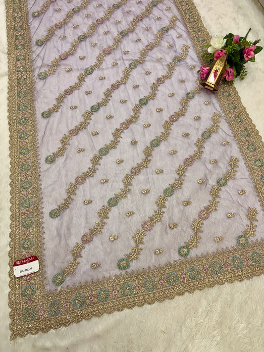 BS-SEJAL PREMIUM NET SAREE WITH HEAVY EMBORIDERY WORK WITH THREAD WORK WITH JHAL DESIGN WITH JARKAN WORK