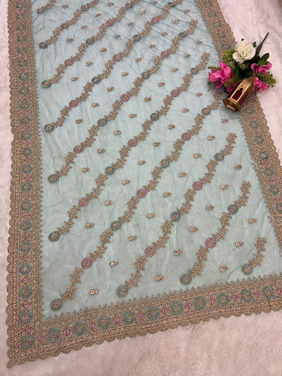 BS-SEJAL PREMIUM NET SAREE WITH HEAVY EMBORIDERY WORK WITH THREAD WORK WITH JHAL DESIGN WITH JARKAN WORK