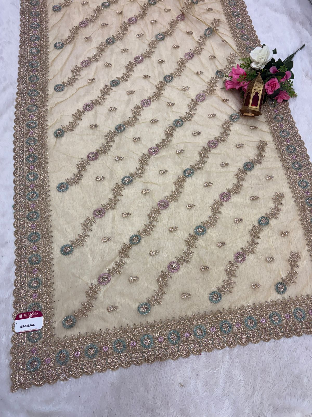 BS-SEJAL PREMIUM NET SAREE WITH HEAVY EMBORIDERY WORK WITH THREAD WORK WITH JHAL DESIGN WITH JARKAN WORK