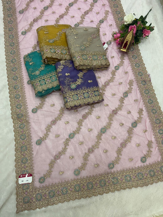 BS-SEJAL PREMIUM NET SAREE WITH HEAVY EMBORIDERY WORK WITH THREAD WORK WITH JHAL DESIGN WITH JARKAN WORK