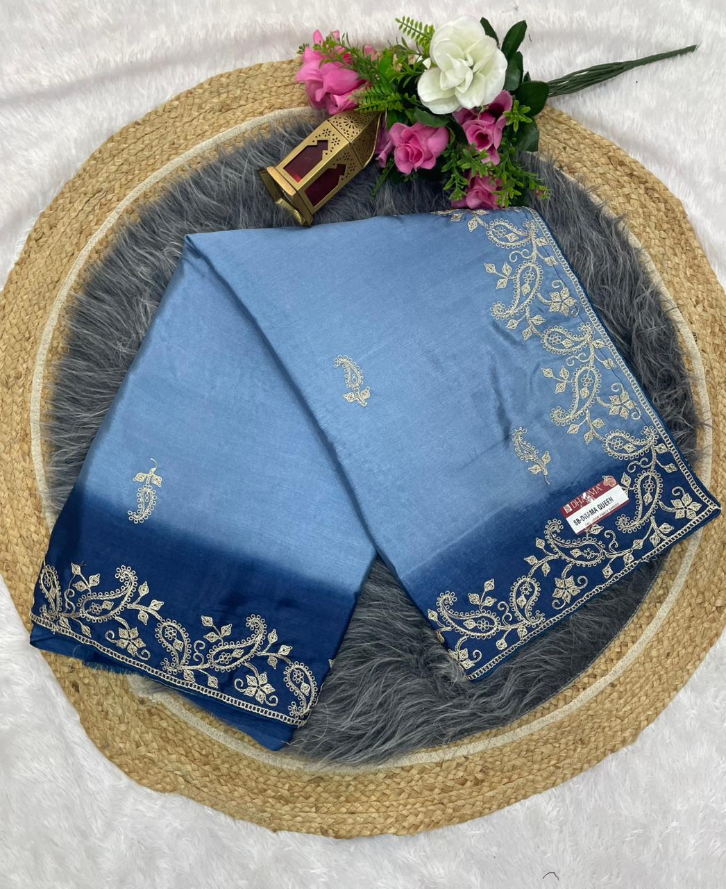 SB-DRAMA QUEEN SOFT FANCY FABRIC SAREE WITH SHADED COLOUR WITH BEAUTIFUL EMBROIDERY WORK WITH WORK BLOUSE