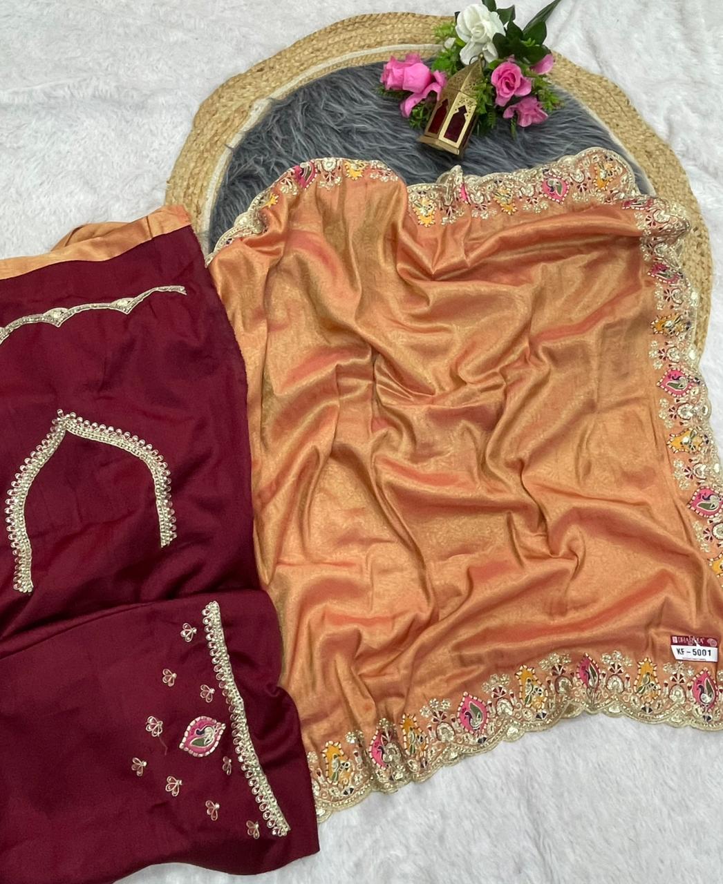 KF-5001 FANCY TISSUE FABRIC SAREE WITH EMBORDERY WORK WITH THREAD WORK WITH BEAUTIFUL DEISGN WITH CUTWORK WITH BEAUTIFUL BORDER WITH HEAVY BLOUSE
