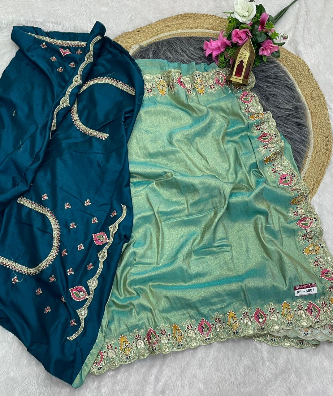KF-5001 FANCY TISSUE FABRIC SAREE WITH EMBORDERY WORK WITH THREAD WORK WITH BEAUTIFUL DEISGN WITH CUTWORK WITH BEAUTIFUL BORDER WITH HEAVY BLOUSE