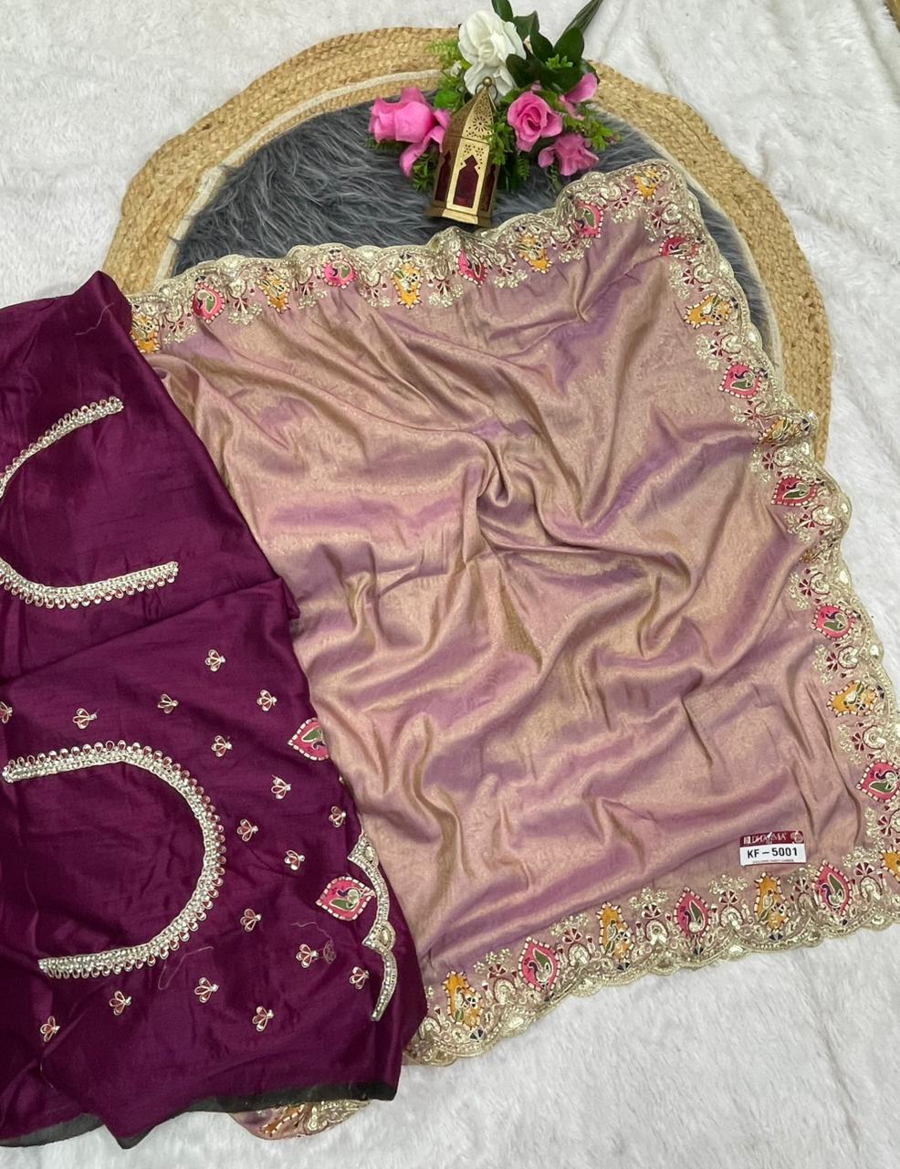 KF-5001 FANCY TISSUE FABRIC SAREE WITH EMBORDERY WORK WITH THREAD WORK WITH BEAUTIFUL DEISGN WITH CUTWORK WITH BEAUTIFUL BORDER WITH HEAVY BLOUSE
