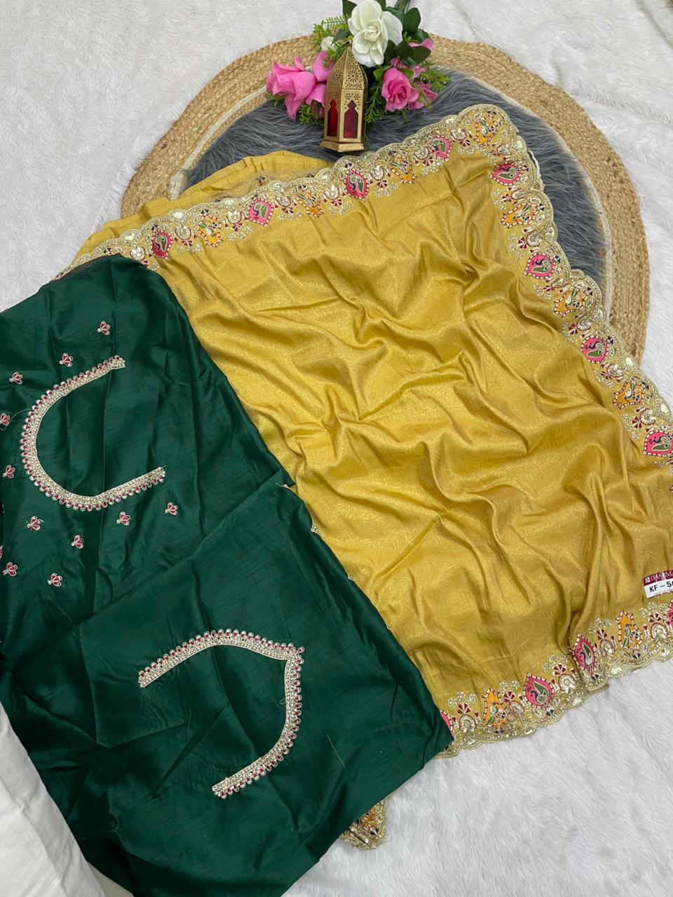 KF-5001 FANCY TISSUE FABRIC SAREE WITH EMBORDERY WORK WITH THREAD WORK WITH BEAUTIFUL DEISGN WITH CUTWORK WITH BEAUTIFUL BORDER WITH HEAVY BLOUSE
