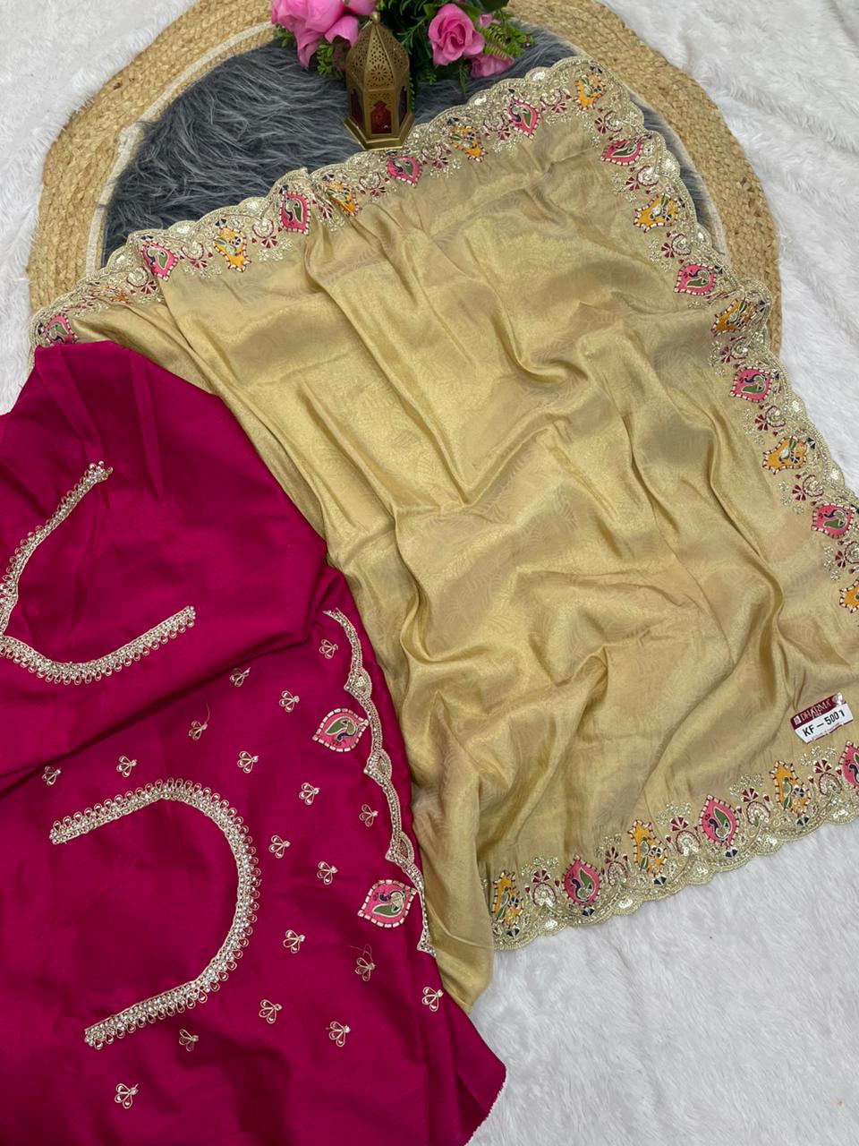 KF-5001 FANCY TISSUE FABRIC SAREE WITH EMBORDERY WORK WITH THREAD WORK WITH BEAUTIFUL DEISGN WITH CUTWORK WITH BEAUTIFUL BORDER WITH HEAVY BLOUSE