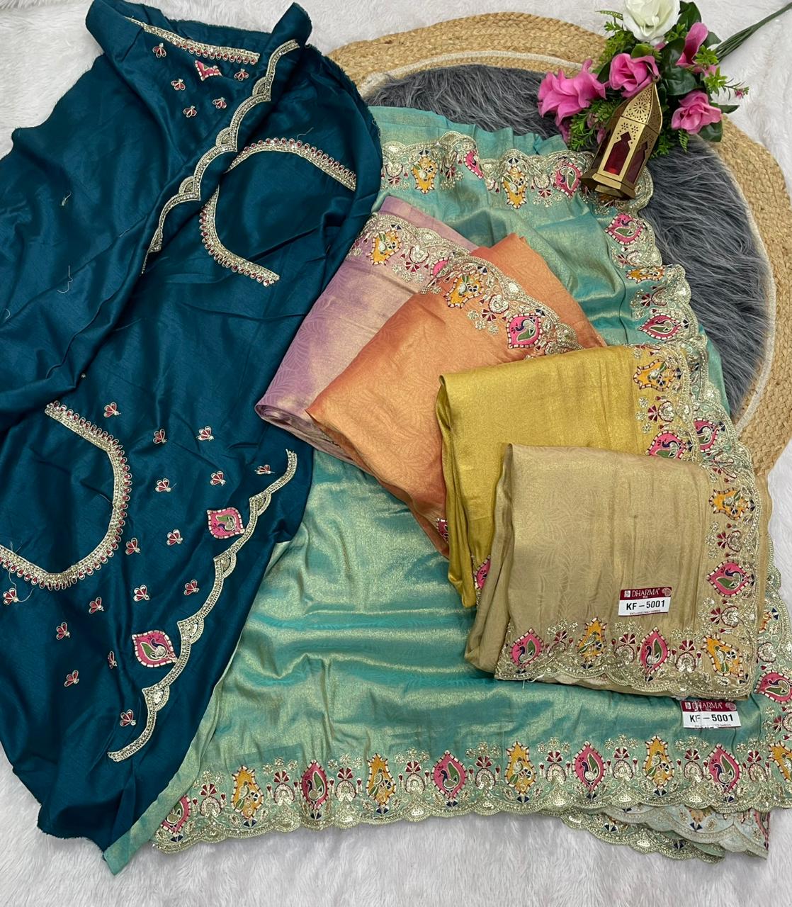 KF-5001 FANCY TISSUE FABRIC SAREE WITH EMBORDERY WORK WITH THREAD WORK WITH BEAUTIFUL DEISGN WITH CUTWORK WITH BEAUTIFUL BORDER WITH HEAVY BLOUSE