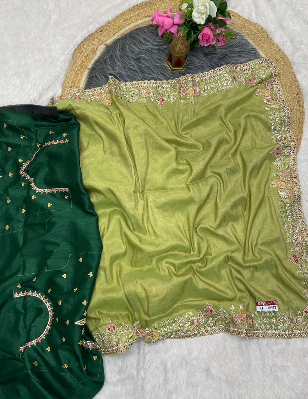 KF-5002 FANCY TISSUE FABRIC SAREE WITH EMBORDERY WORK WITH THREAD WORK WITH BEAUTIFUL DEISGN WITH CUTWORK WITH BEAUTIFUL BORDER WITH HEAVY BLOUSE