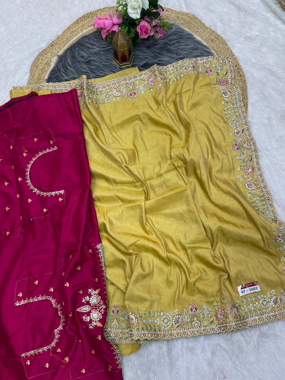 KF-5002 FANCY TISSUE FABRIC SAREE WITH EMBORDERY WORK WITH THREAD WORK WITH BEAUTIFUL DEISGN WITH CUTWORK WITH BEAUTIFUL BORDER WITH HEAVY BLOUSE