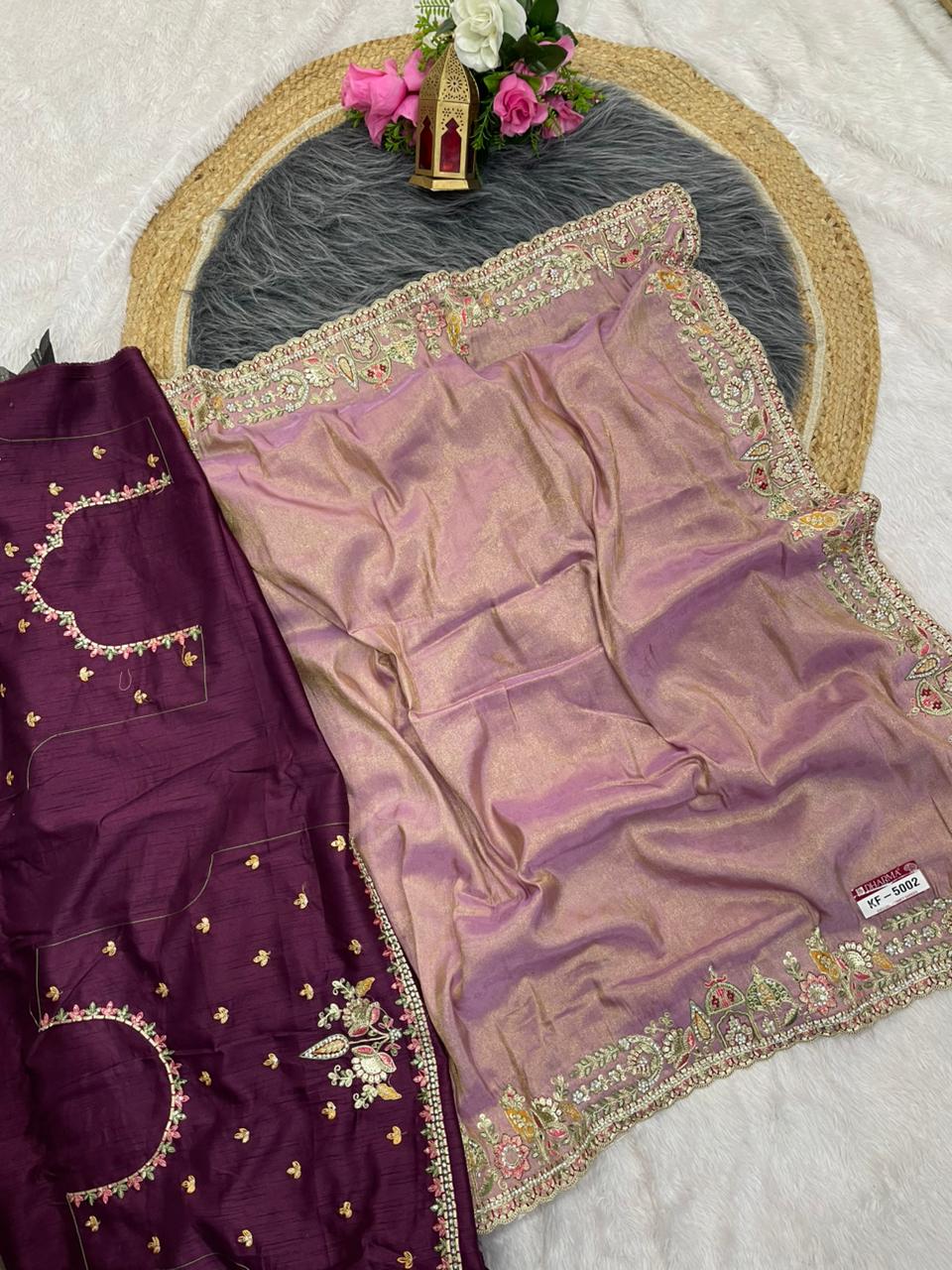 KF-5002 FANCY TISSUE FABRIC SAREE WITH EMBORDERY WORK WITH THREAD WORK WITH BEAUTIFUL DEISGN WITH CUTWORK WITH BEAUTIFUL BORDER WITH HEAVY BLOUSE