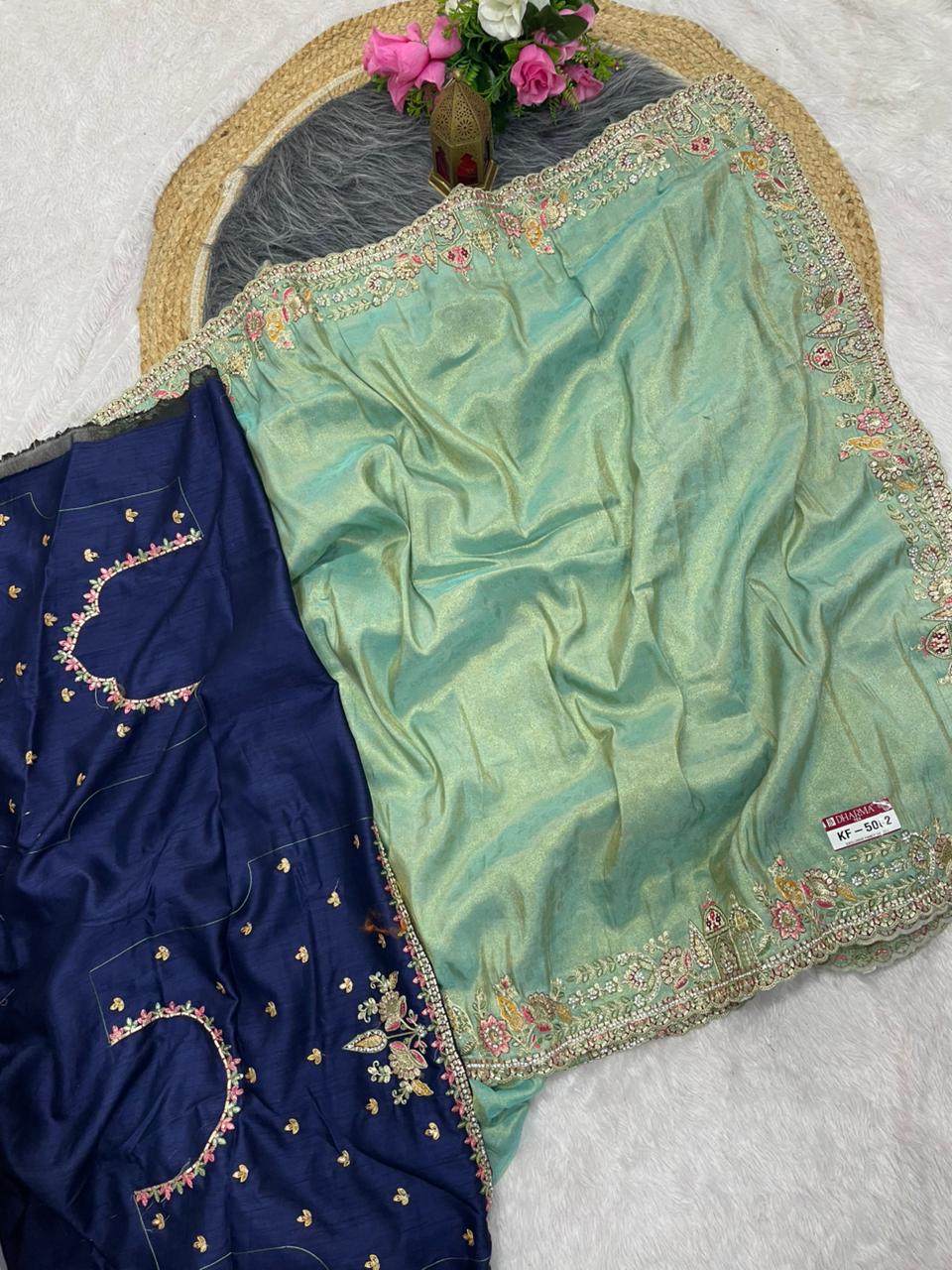 KF-5002 FANCY TISSUE FABRIC SAREE WITH EMBORDERY WORK WITH THREAD WORK WITH BEAUTIFUL DEISGN WITH CUTWORK WITH BEAUTIFUL BORDER WITH HEAVY BLOUSE