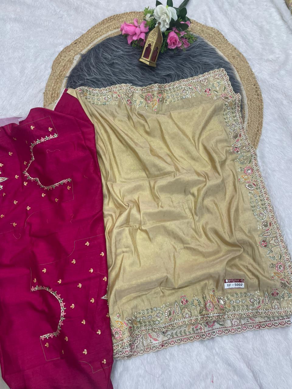 KF-5002 FANCY TISSUE FABRIC SAREE WITH EMBORDERY WORK WITH THREAD WORK WITH BEAUTIFUL DEISGN WITH CUTWORK WITH BEAUTIFUL BORDER WITH HEAVY BLOUSE